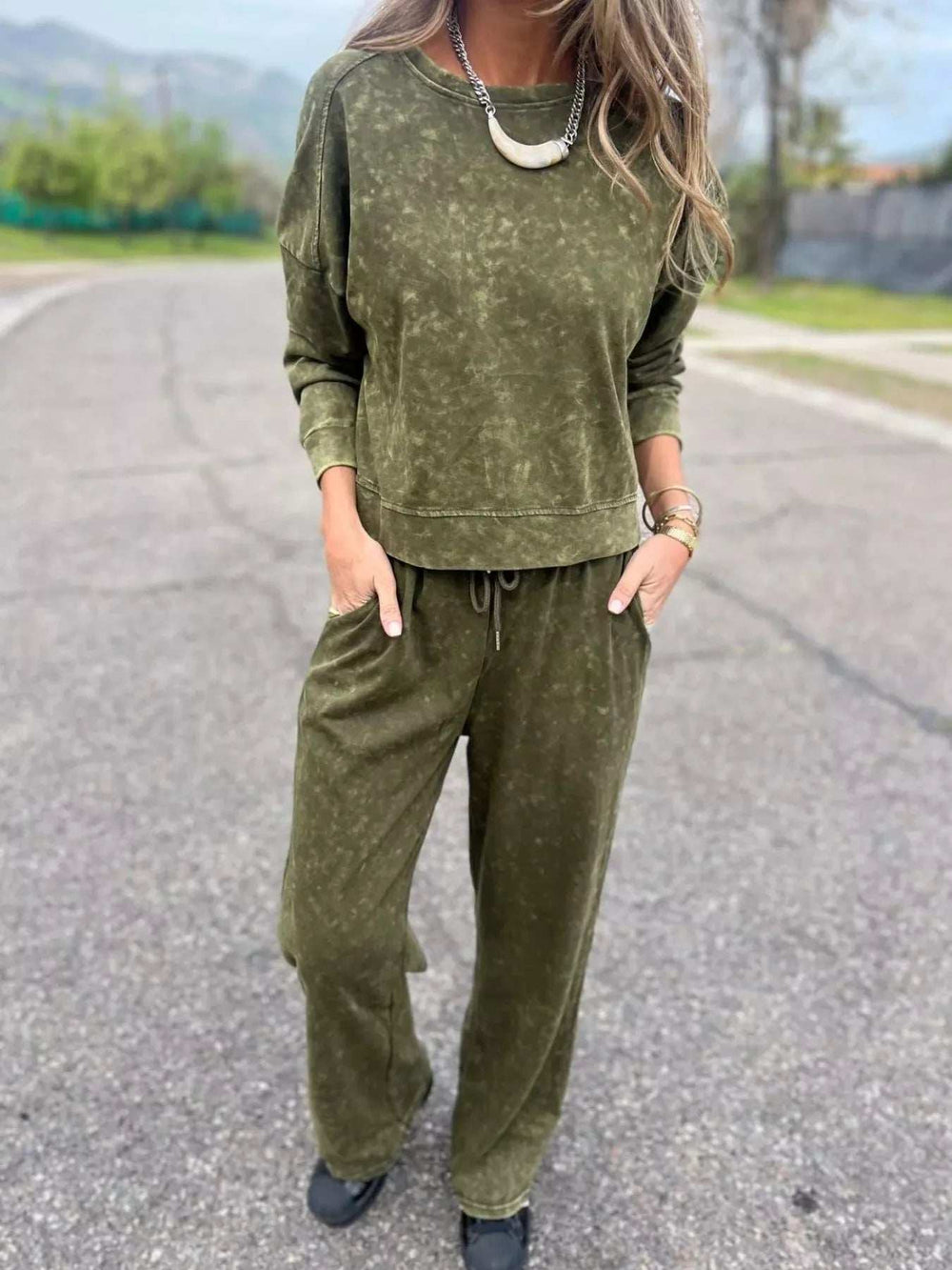 Full Size Washed Round Neck Top and Drawstring Pants Set Plus Size - Trendsi - Flyclothing LLC