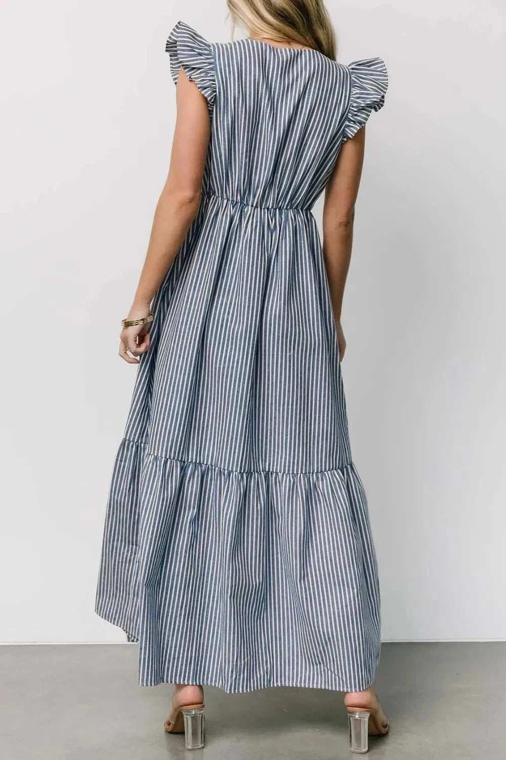 Slit Striped V-Neck Ruffled Cap Sleeve Dress - Trendsi - Flyclothing LLC