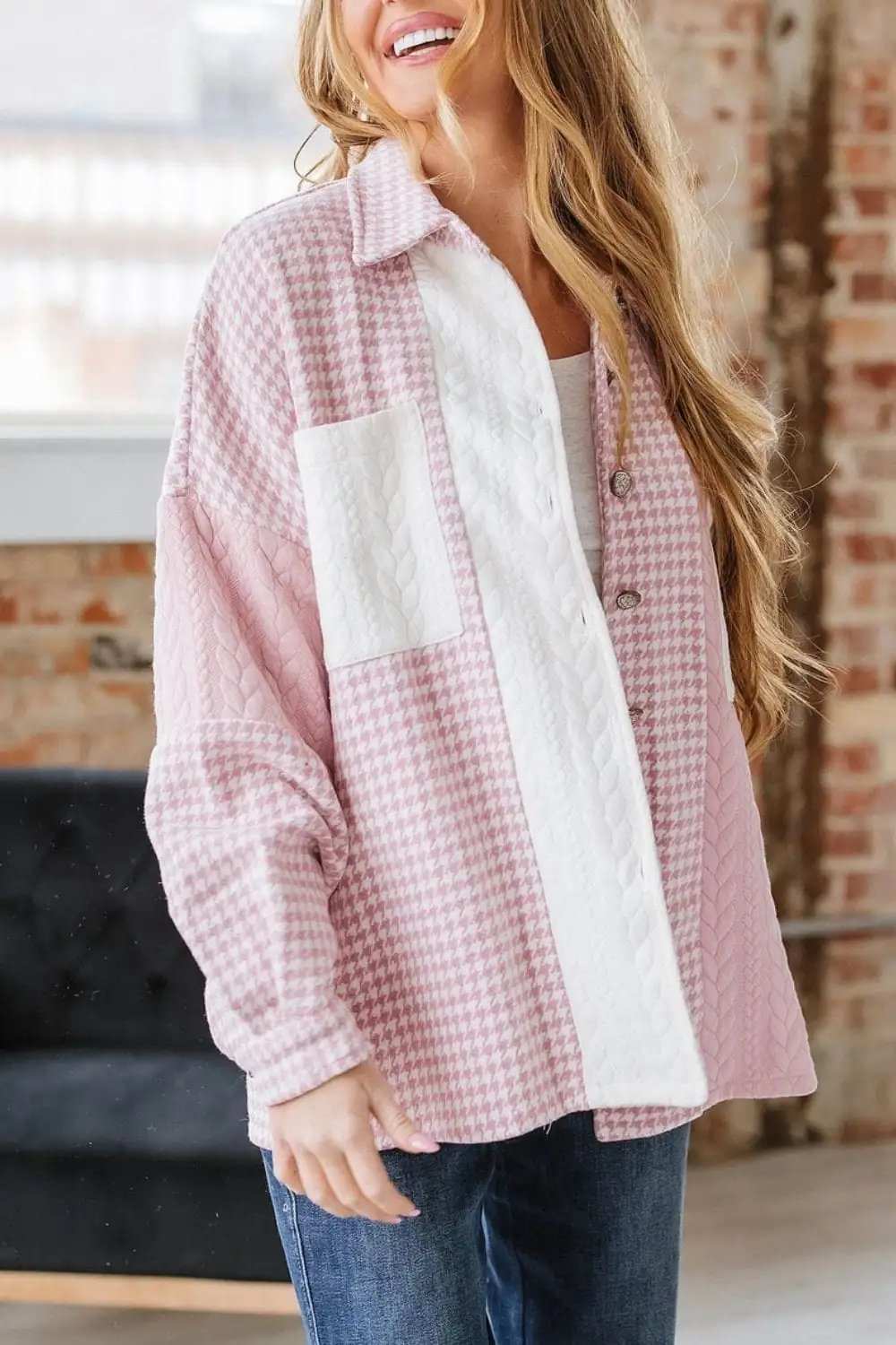 Color Block Houndstooth Collared Neck Shacket - Trendsi - Flyclothing LLC