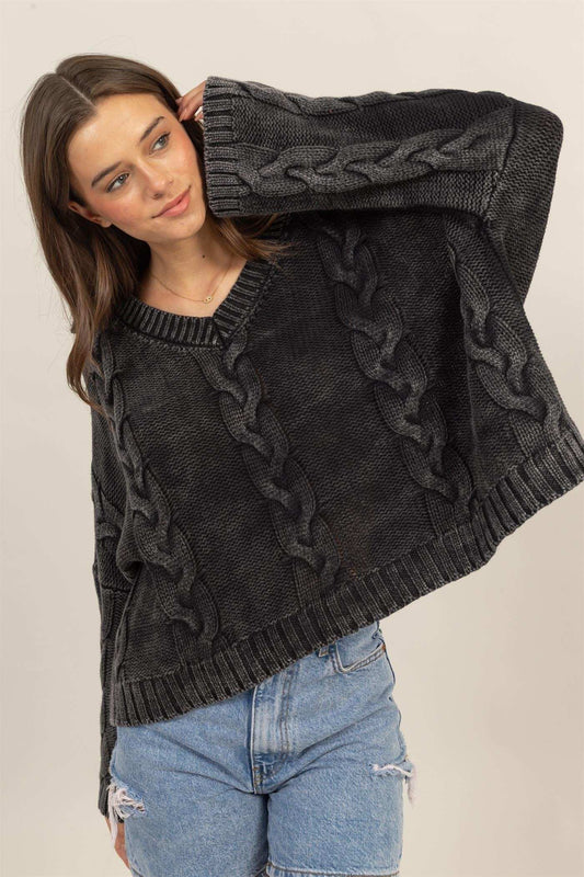 HYFVE Cable Knit V-Neck Dropped Shoulder Oversized Sweater - Trendsi - Flyclothing LLC