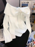 Off-Shoulder Bowknot Ribbed Knit T-Shirt - Trendsi - Flyclothing LLC