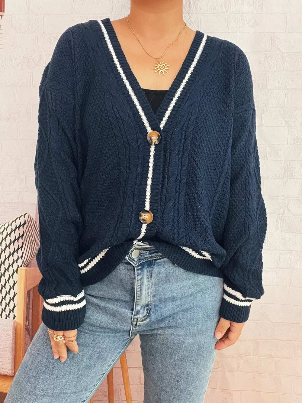 Star Pattern Button-Up Cardigan with Contrast Trim - Trendsi - Flyclothing LLC