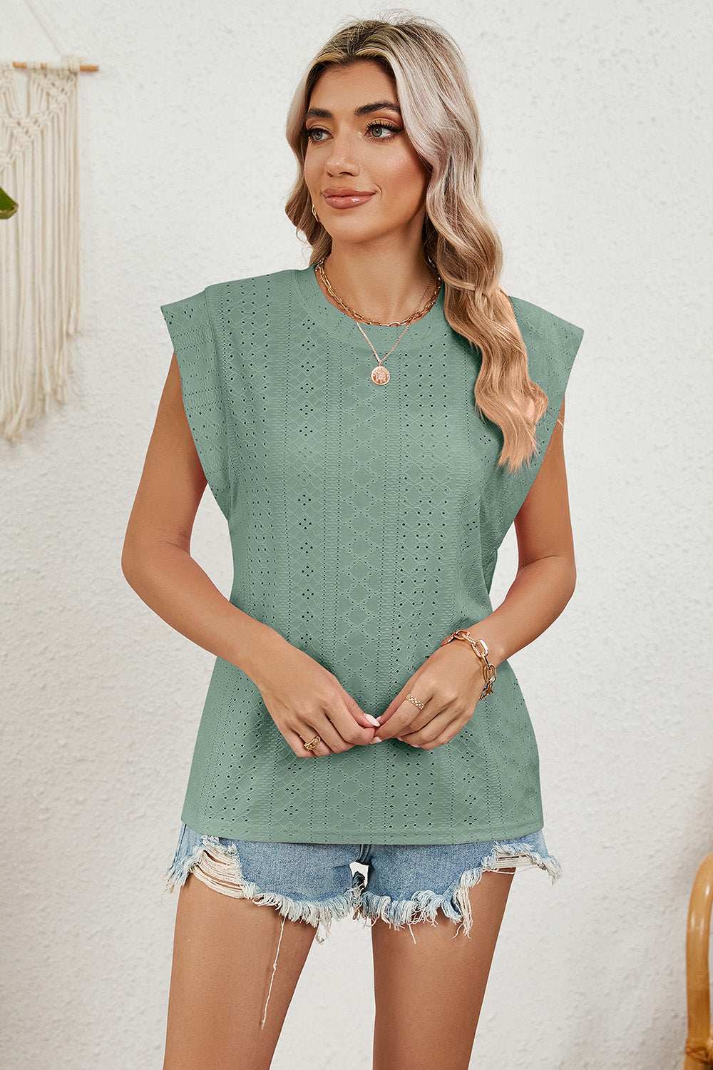 Eyelet Round Neck Tank - Trendsi - Flyclothing LLC