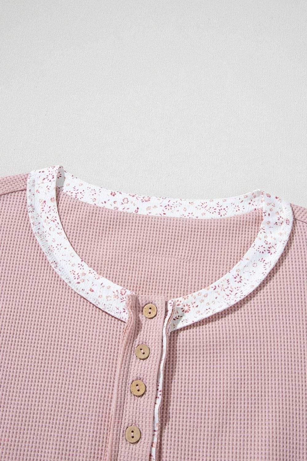 Waffle Floral Patchwork Exposed Seam Detail Short Sleeve Top - Trendsi - Flyclothing LLC