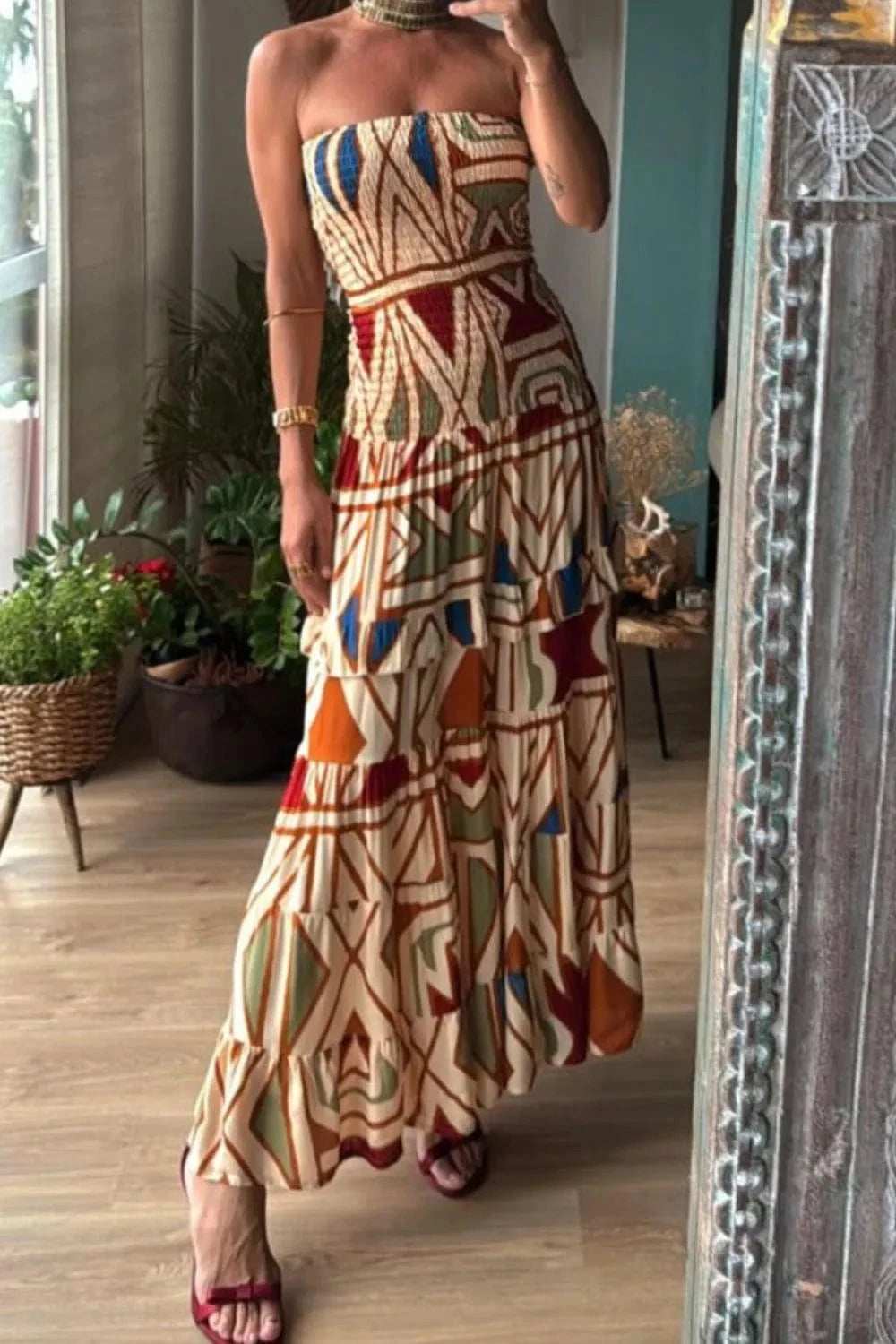 Smocked Printed Tube Dress - Trendsi - Flyclothing LLC