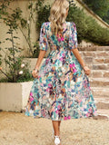 Printed Puff Sleeve Midi Dress - Trendsi - Flyclothing LLC