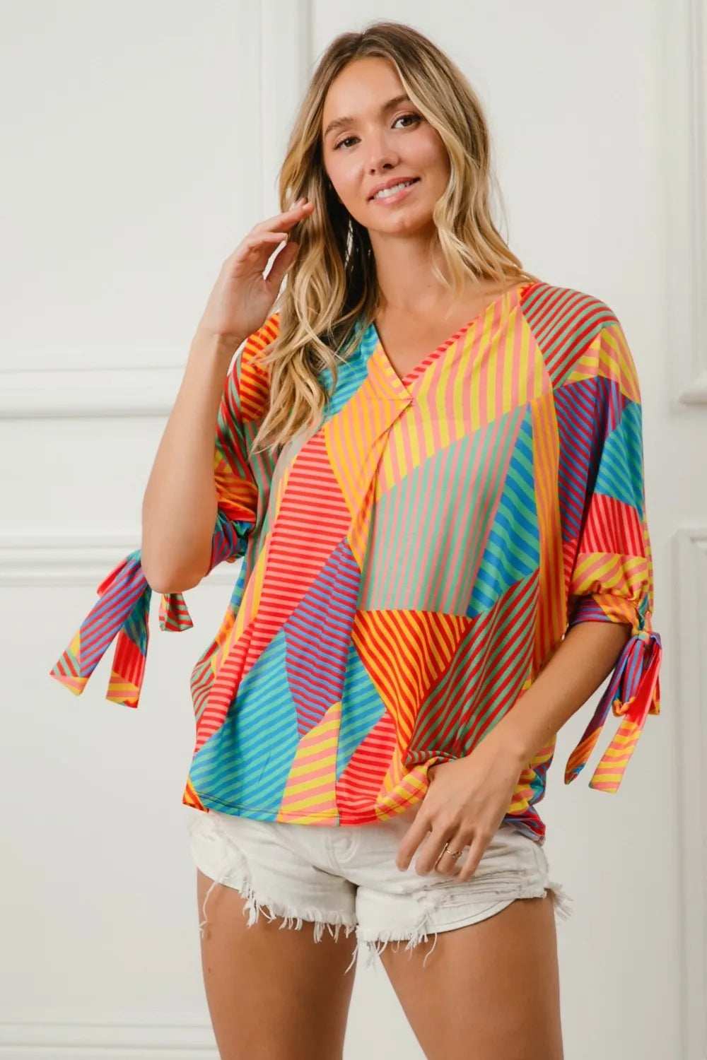BiBi Multi Stripe Block Printed Jersey Blouse with Tied Sleeves - Trendsi - Flyclothing LLC