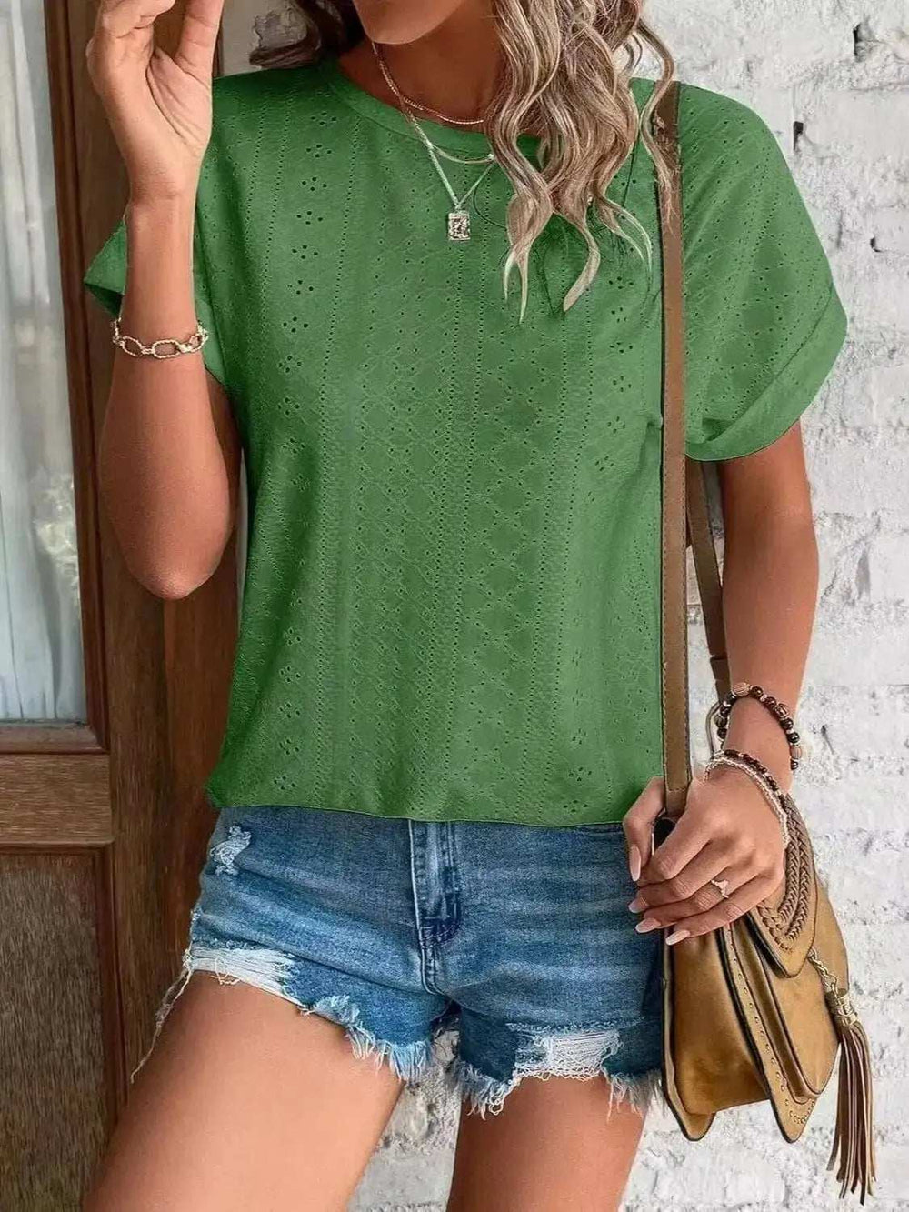 Eyelet Round Neck Short Sleeve Top - Trendsi - Flyclothing LLC