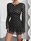 Backless Polka dot Long Sleeve Mini Mesh Dress - Trendsi - Flyclothing LLC