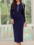 Quarter Button Long Sleeve Midi Dress - Trendsi - Flyclothing LLC