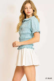Umgee Smocked Short Sleeve Button-Front Shirt with Peter Pan Collar - Trendsi - Flyclothing LLC