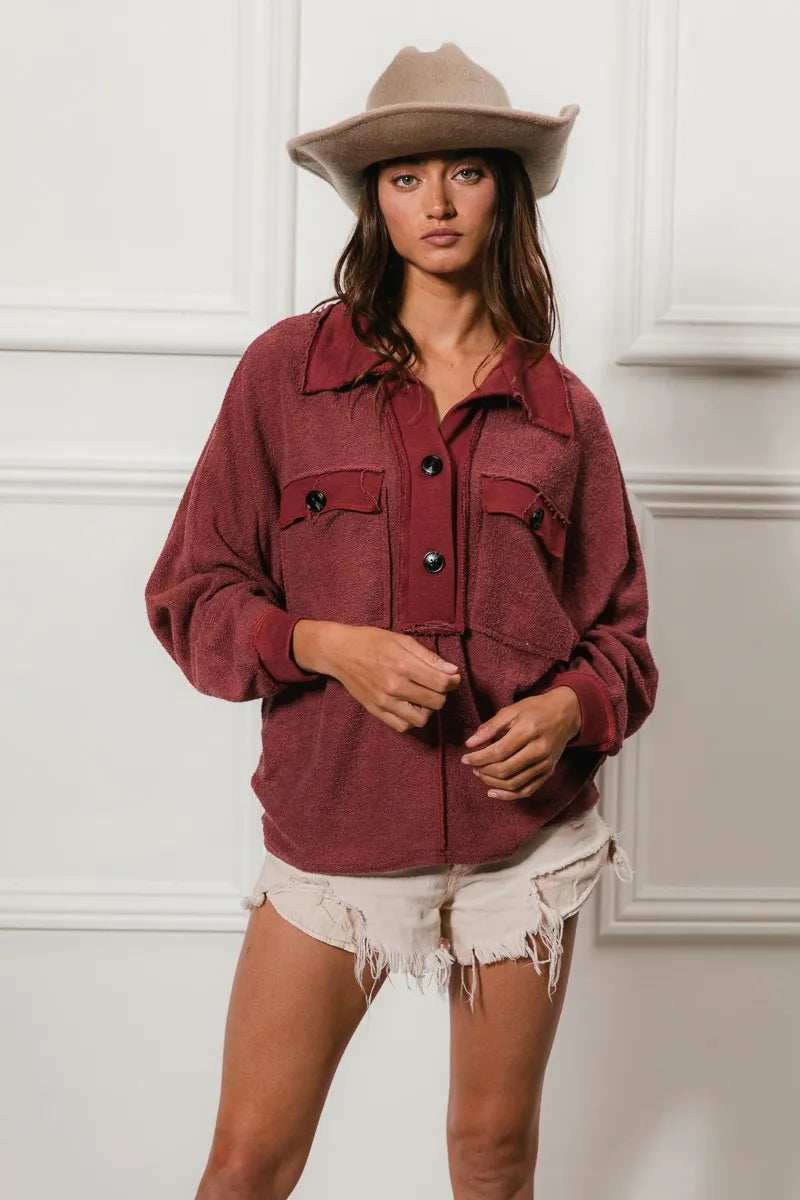 BiBi Cp French Terry Cut Edge Detail Collared Top - Trendsi - Flyclothing LLC