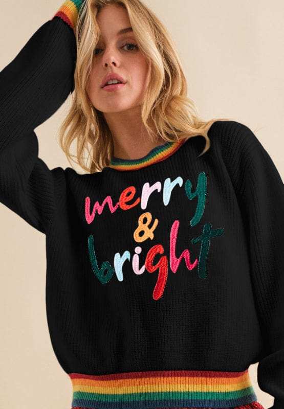 MERRY & BRIGHT Ribbed Round Neck Sweater - Trendsi - Flyclothing LLC