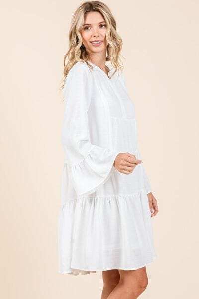 Mittoshop Tiered Notched Flare Sleeve Dress - Trendsi - Flyclothing LLC