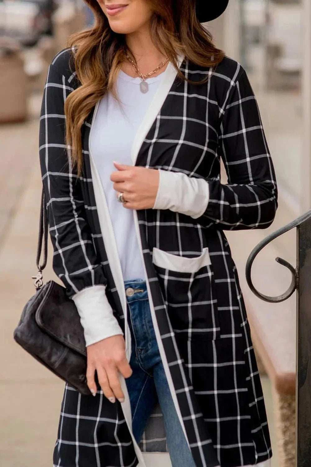 Plaid Open Front Long Sleeve Cover Up - Trendsi - Flyclothing LLC
