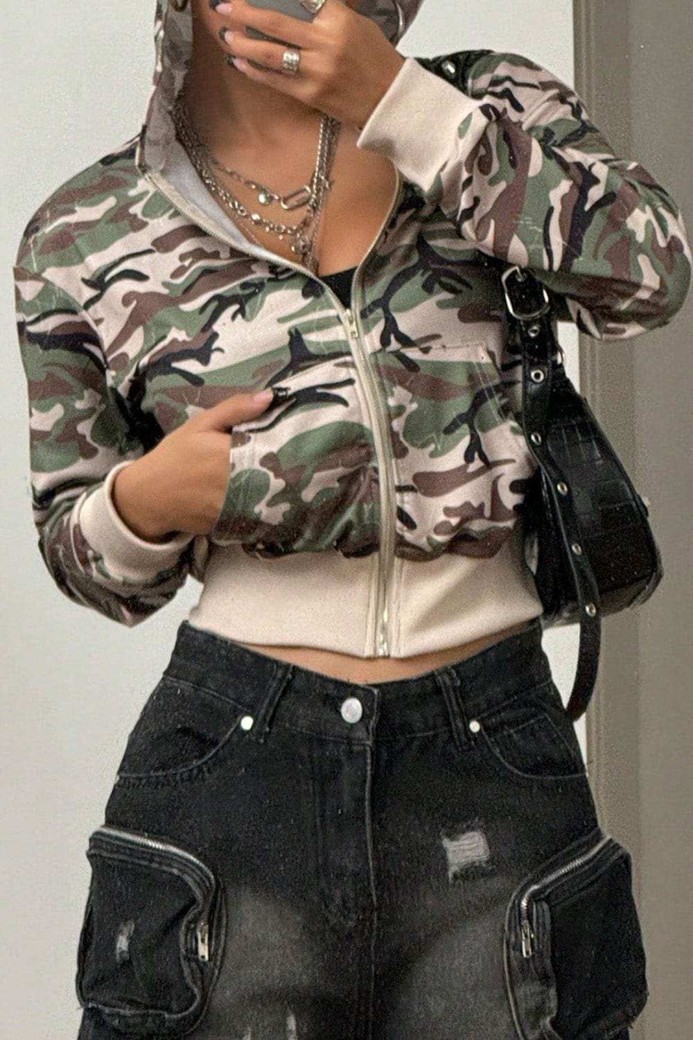 Pocketed Camouflage Zip Up Hooded Jacket - Trendsi - Flyclothing LLC