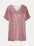 Full Size Sequin V-Neck Short Sleeve Top - Trendsi - Flyclothing LLC