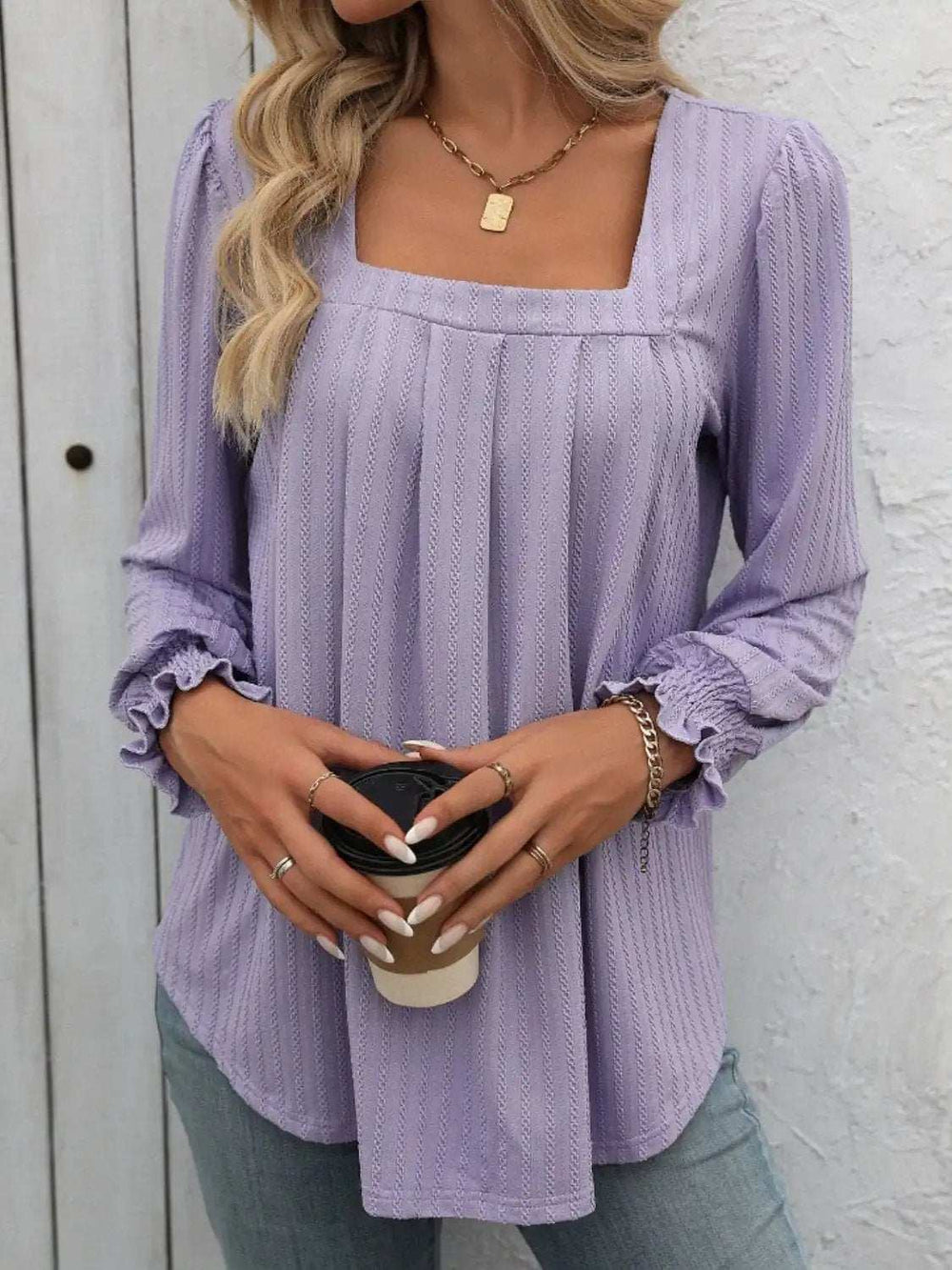Square Neck Long Sleeve Top - Trendsi - Flyclothing LLC