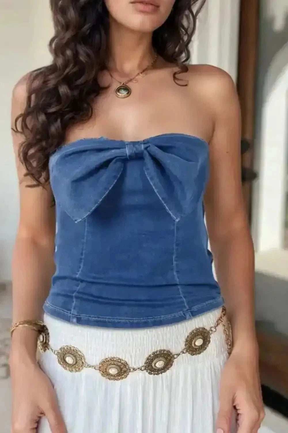 Bow Smocked Back Denim Tube - Trendsi - Flyclothing LLC
