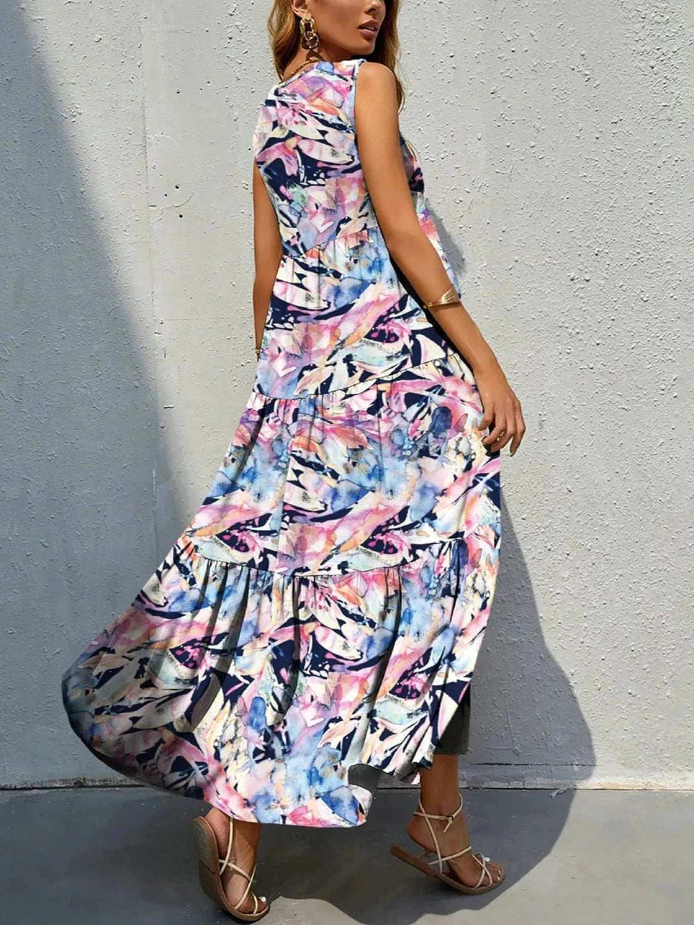 Printed V-Neck Tiered Maxi Tank Dress - Trendsi - Flyclothing LLC