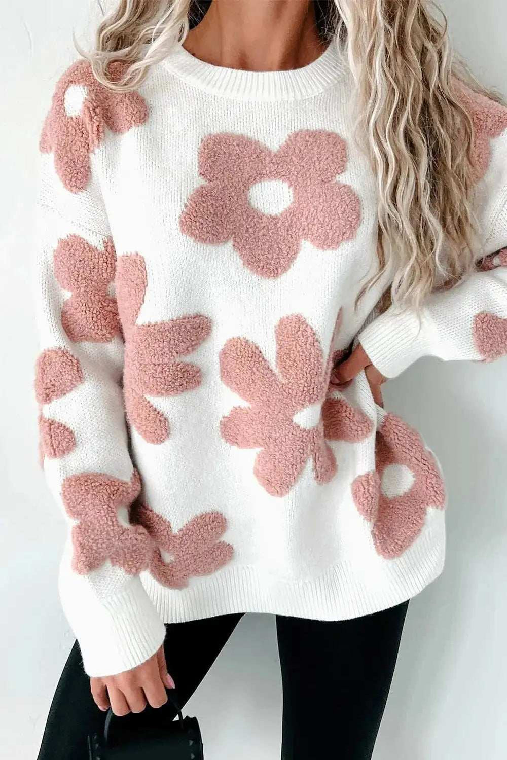 Flower Round Neck Long Sleeve Knit Top - Trendsi - Flyclothing LLC