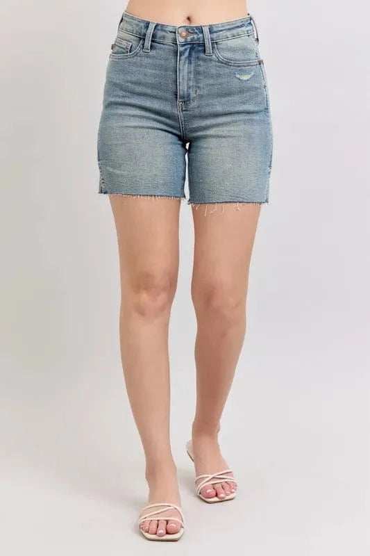 Judy Blue Full Size High Waist Vintage Wash Side Slit Denim Shorts Plus Size - Trendsi - Flyclothing LLC