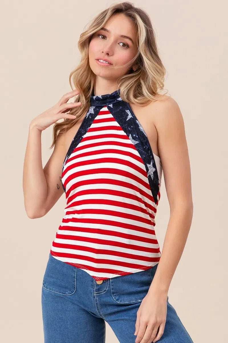 BiBi Stripe Jersey with Star Halter Neck with Tie Back - Trendsi - Flyclothing LLC