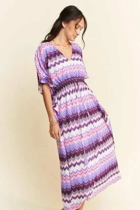 Davi & Dani Multi Color Wavy Tie Waist Flowy Sleeve Dress - Trendsi - Flyclothing LLC