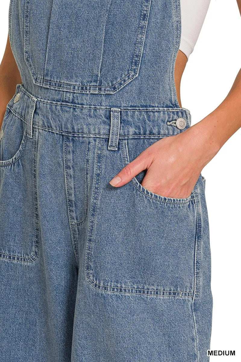 Zenana Denim Medium Washed Wide Leg Overalls - Trendsi - Flyclothing LLC