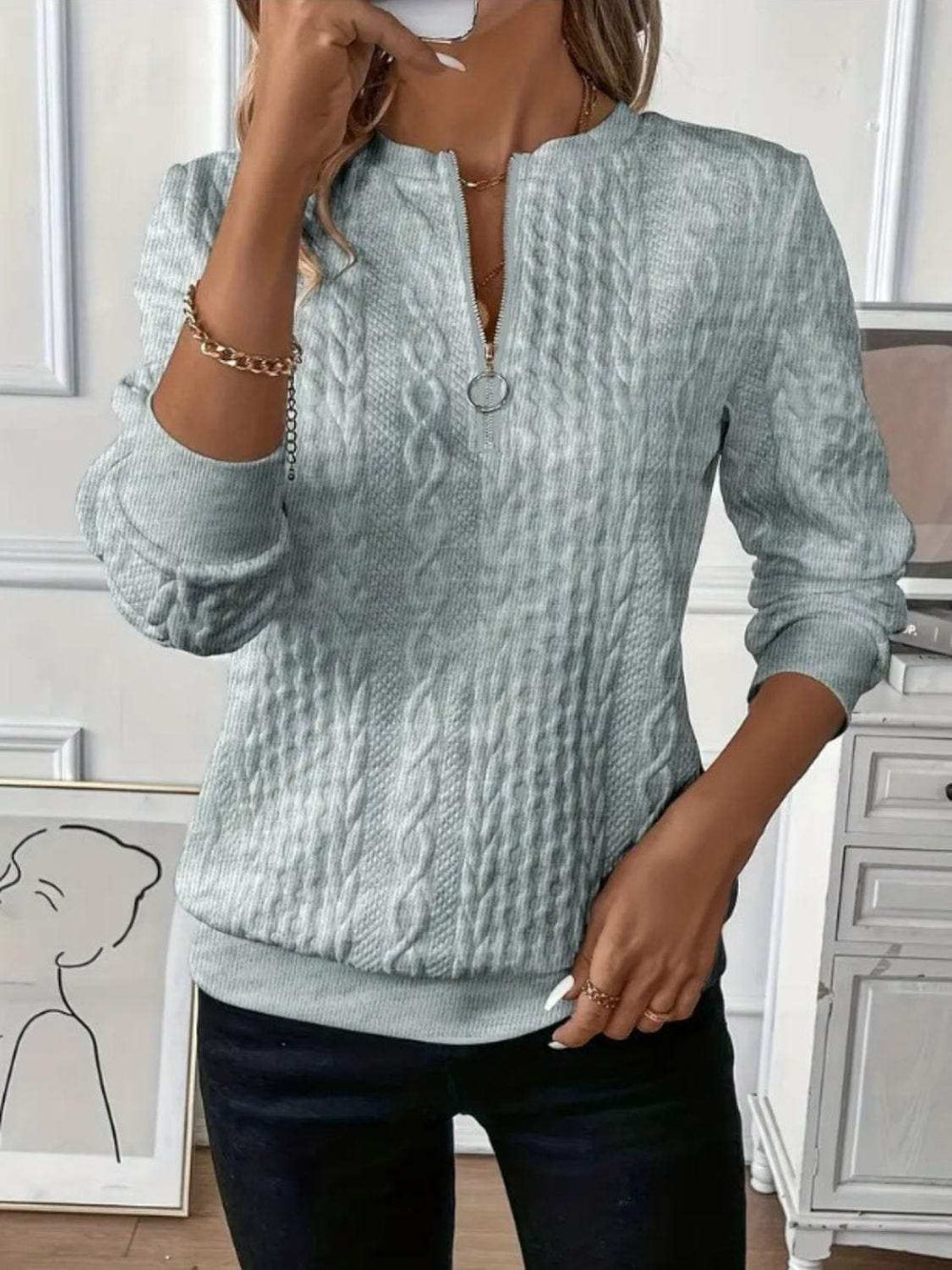 Texture Half Zip Long Sleeve Sweatshirt - Trendsi - Flyclothing LLC