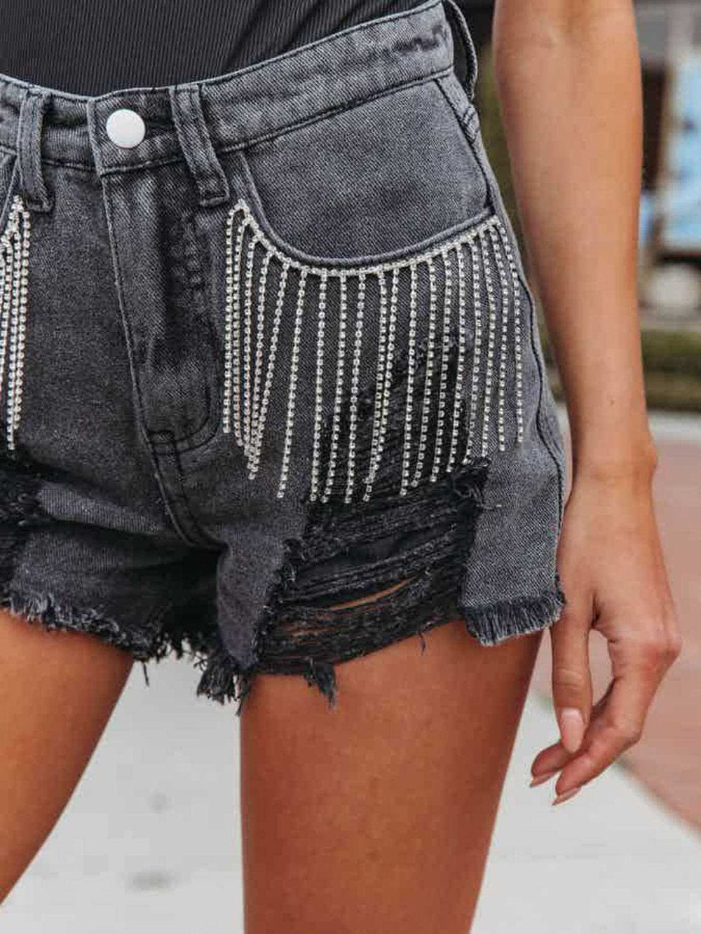 Distressed Fringe Denim Shorts with Pockets - Trendsi - Flyclothing LLC