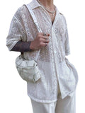 Men's Full Size Lace Half Sleeve Button Down Shirt Plus Size - Trendsi - Flyclothing LLC
