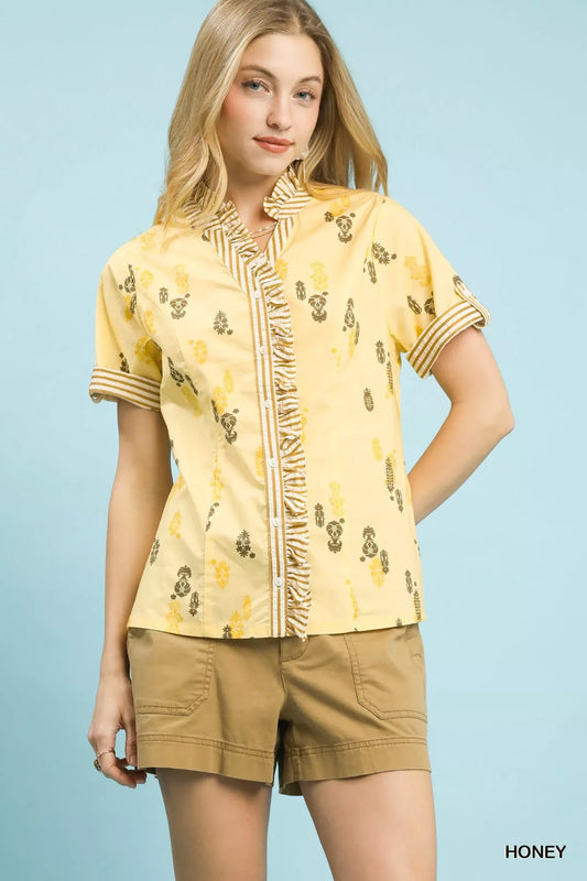 Umgee Printed Ruffle Trim Button Front Blouse - Trendsi - Flyclothing LLC