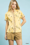 Umgee Printed Ruffle Trim Button Front Blouse - Trendsi - Flyclothing LLC