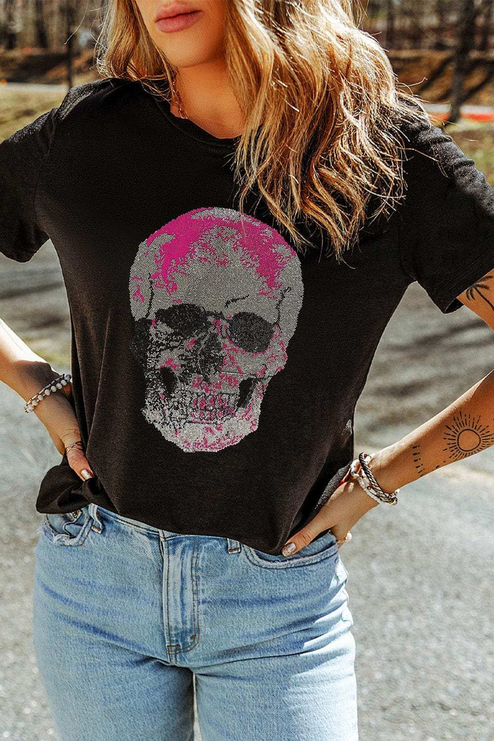 Skull Round Neck Short Sleeve T-Shirt - Trendsi - Flyclothing LLC
