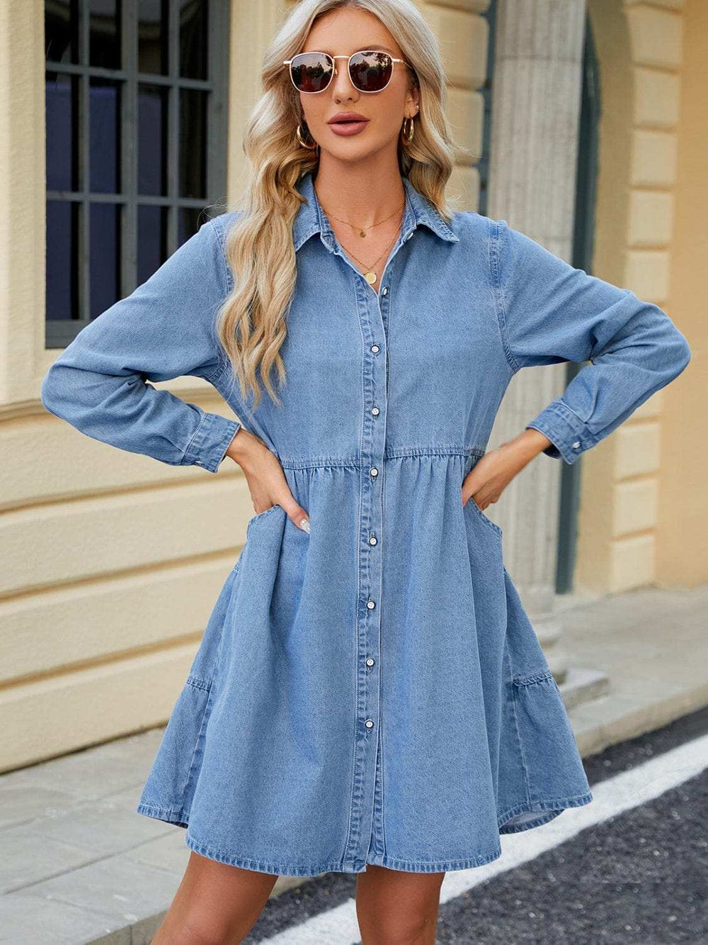 Tiered Button Up Long Sleeve Denim Dress - Trendsi - Flyclothing LLC