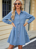 Tiered Button Up Long Sleeve Denim Dress - Trendsi - Flyclothing LLC