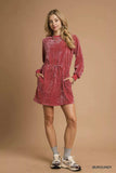 Umgee Velour Drawstring Mini Dress with Long Sleeves - Trendsi - Flyclothing LLC