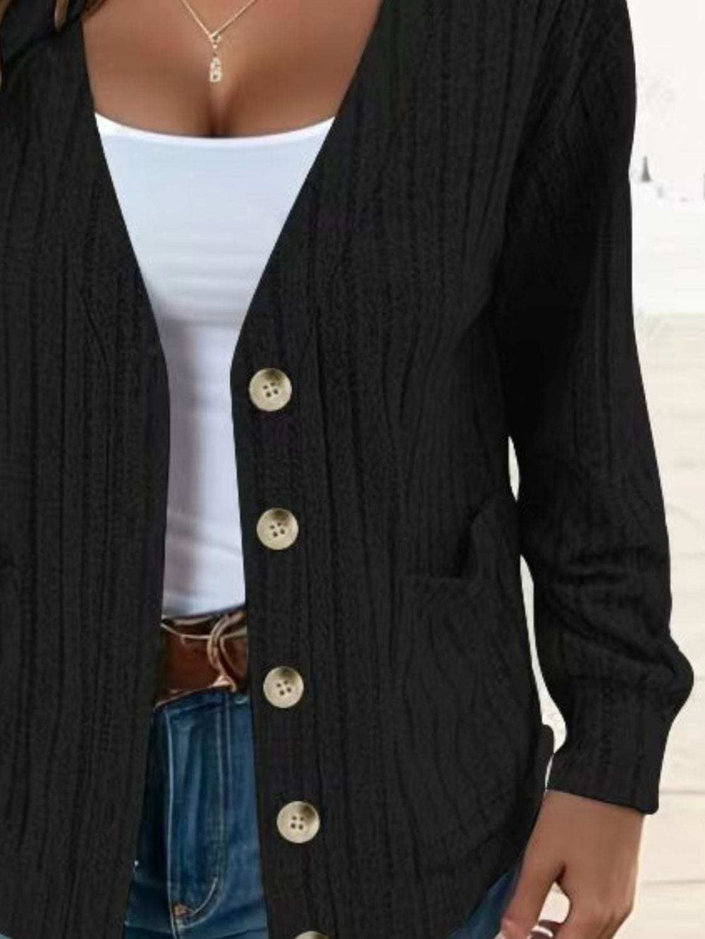 Full Size Button Up V-Neck Long Sleeve Cardigan - Trendsi - Flyclothing LLC