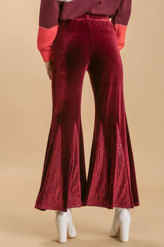 Umgee Full Size Sequin Elastic Waist Velvet Stretch Flare Leg Pants Plus Size - Trendsi - Flyclothing LLC