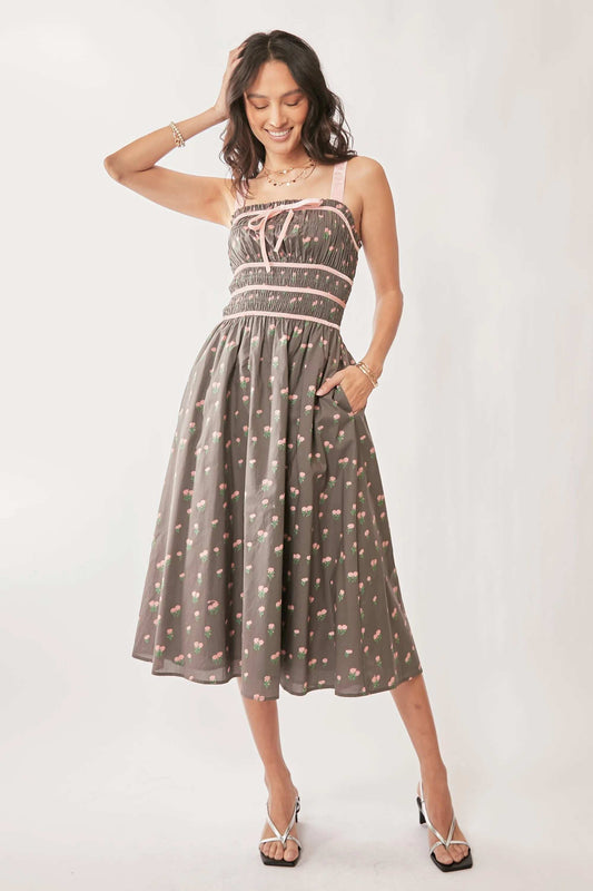 Davi & Dani Contrast Velvet Tape Smocking Bodice Midi Dress - Trendsi - Flyclothing LLC