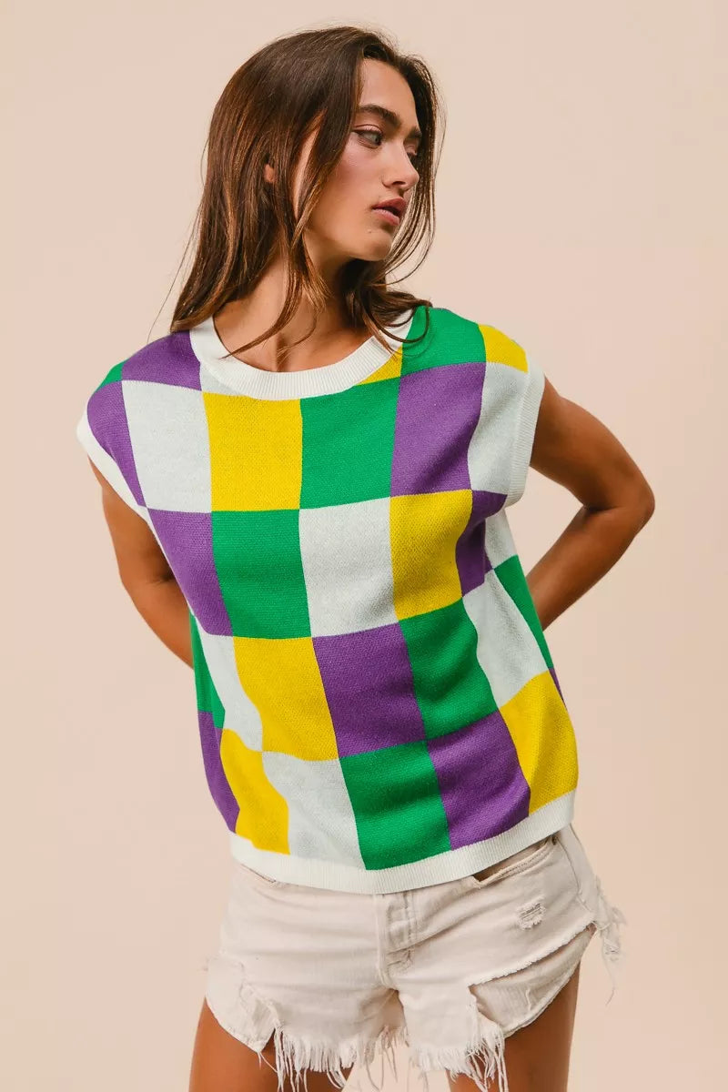 BiBi Mardi Gras Checker Pattern Sleeveless Sweater Top - Trendsi - Flyclothing LLC