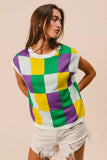 BiBi Mardi Gras Checker Pattern Sleeveless Sweater Top - Trendsi - Flyclothing LLC