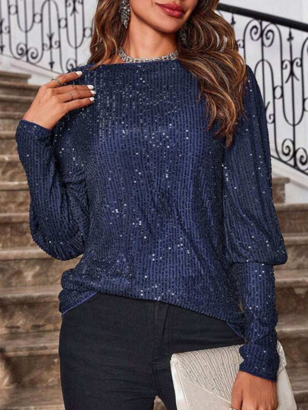 Sequin Boat Neck Long Sleeve Top - Trendsi - Flyclothing LLC