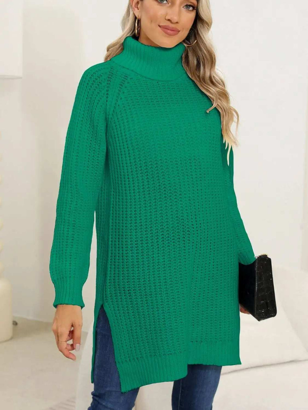 Slit Turtleneck Long Sleeve Sweater - Trendsi - Flyclothing LLC