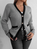 Contrast Trim Button Up Long Sleeve Cardigan - Trendsi - Flyclothing LLC