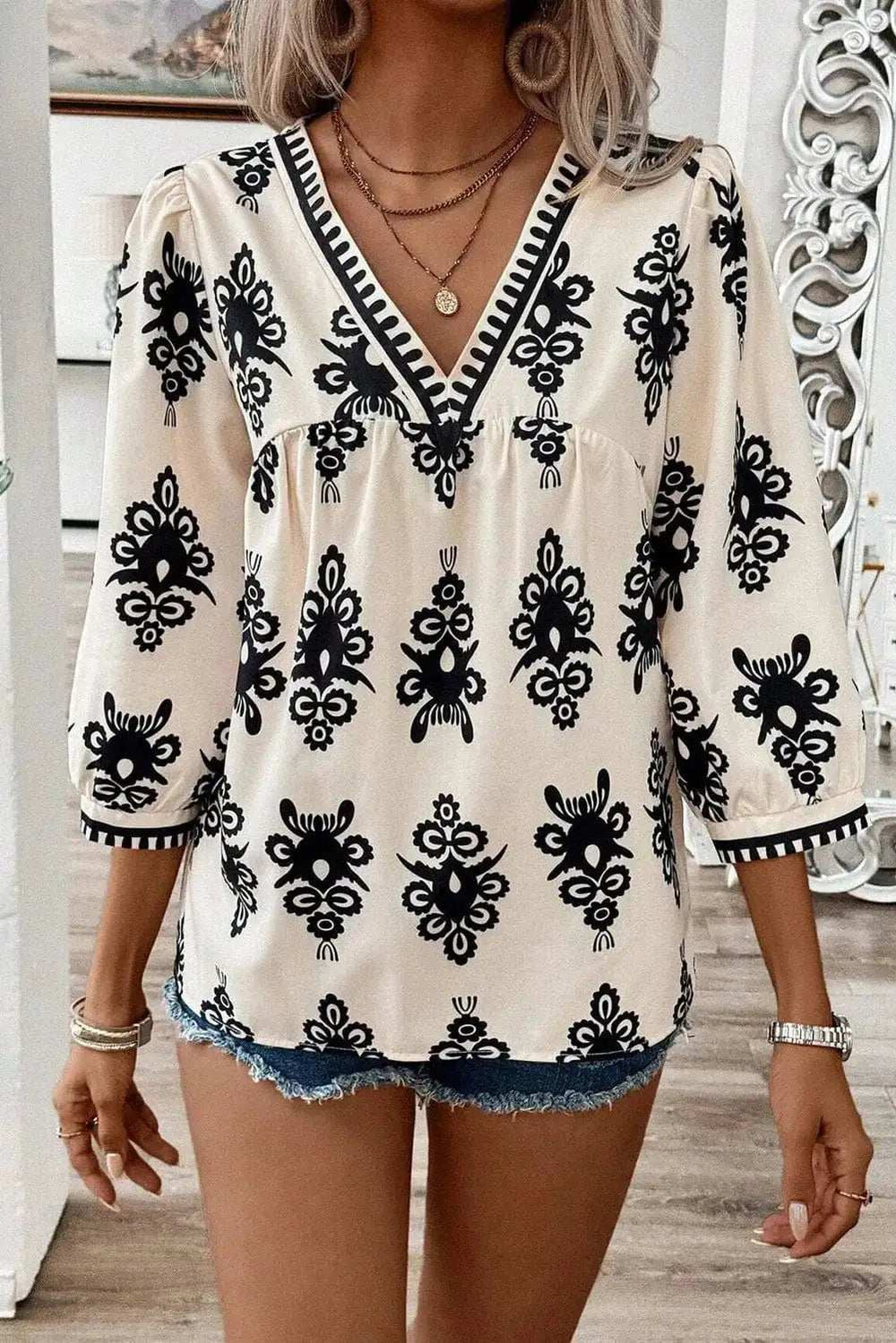 Printed V-Neck Three-Quarter Sleeve Blouse - Trendsi - Flyclothing LLC