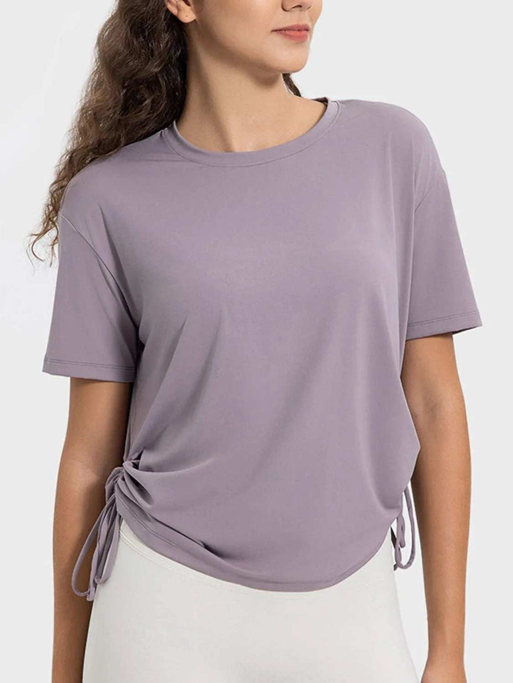 Drawstring Round Neck Short Sleeve Active T-Shirt - Trendsi - Flyclothing LLC