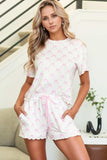 Bow Print Lettuce Trim Round Neck Top and Shorts Lounge Set - Trendsi - Flyclothing LLC