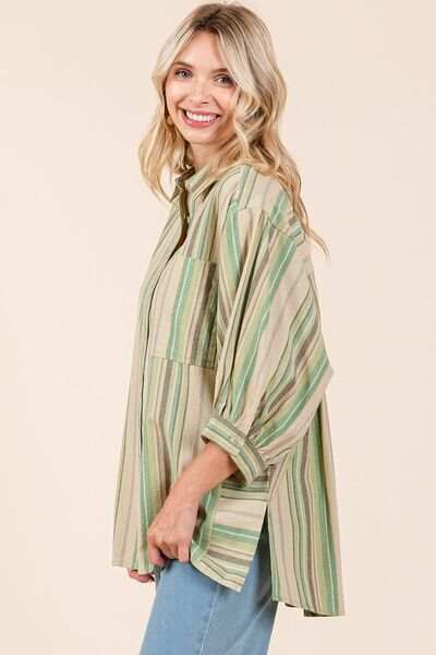 Mittoshop Striped Bubble Sleeve Button Down Shirt - Trendsi - Flyclothing LLC